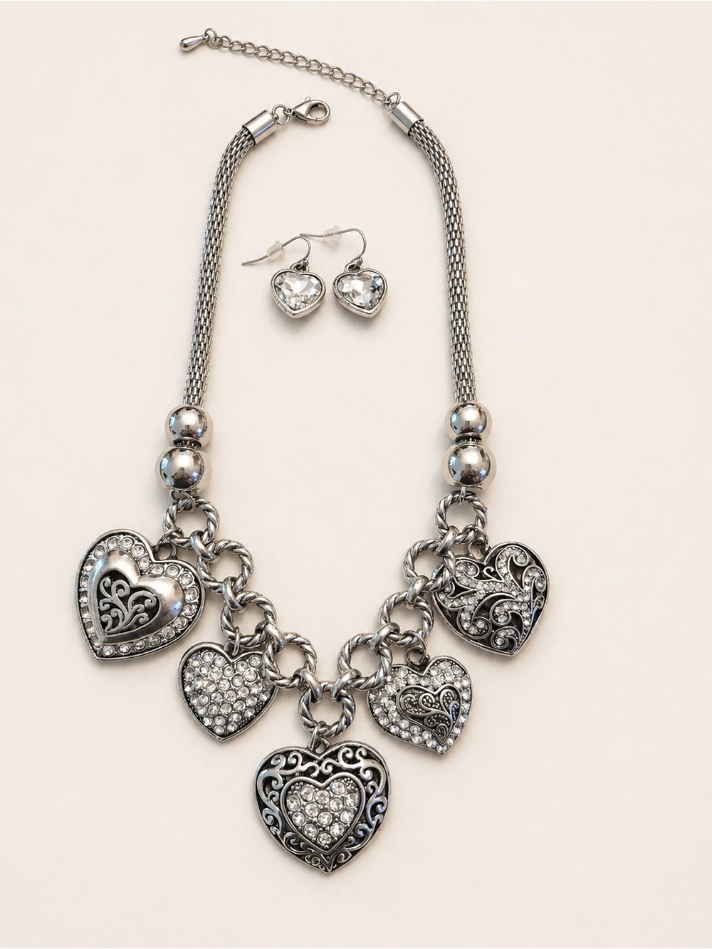 Silver Rhinestone Heart Charm Necklace & Earring Set